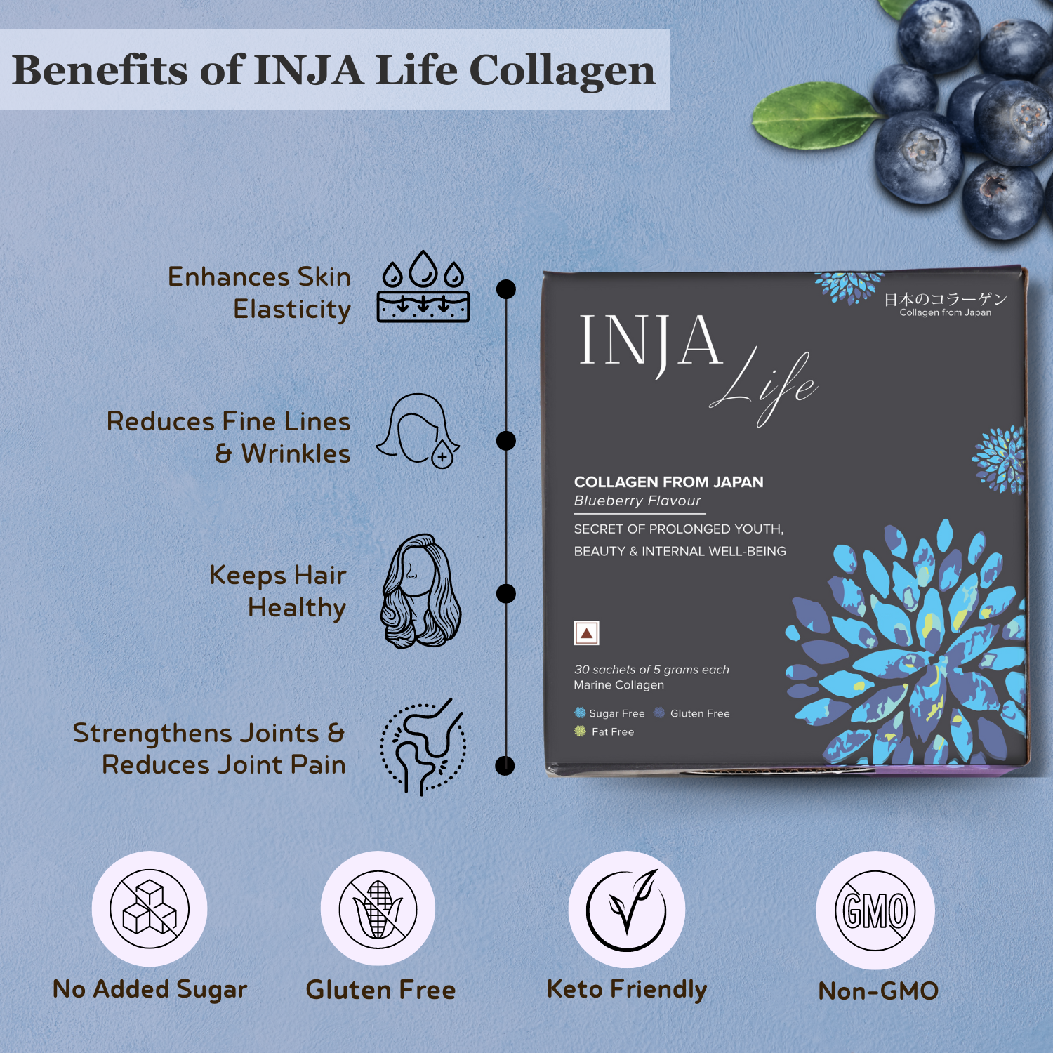 INJA Life Collagen Powder (Blueberry) - Dermal Resilience & Structural Integrity (7 Sachets)