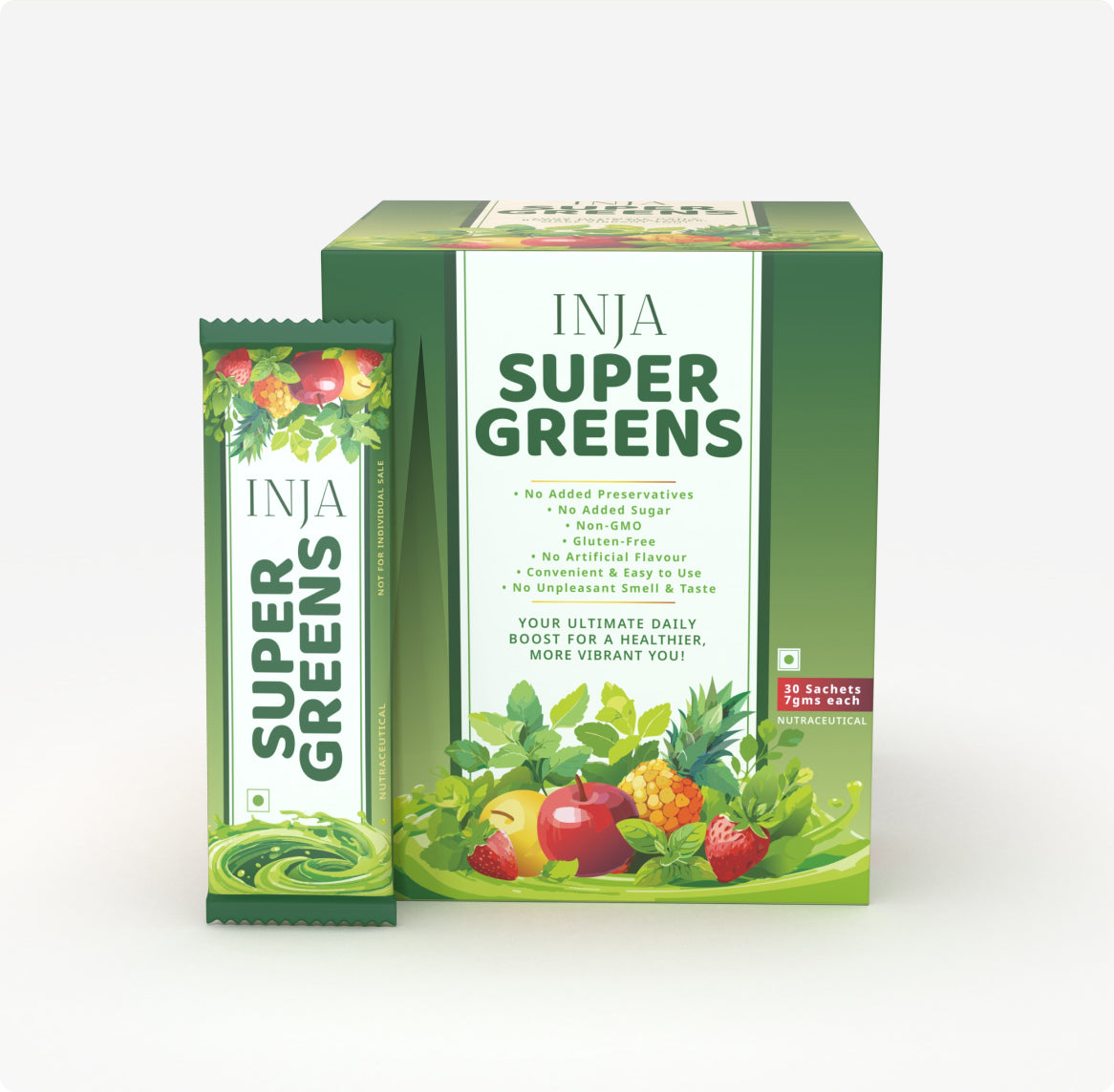 INJA Super Greens Sachets | Complete Daily Greens for Men & Women | 40+ Vitamins, Minerals Superfoods, Adaptogens & Antioxidants for Immunity, Energy, Detox, Gut Health - 7 Sachets