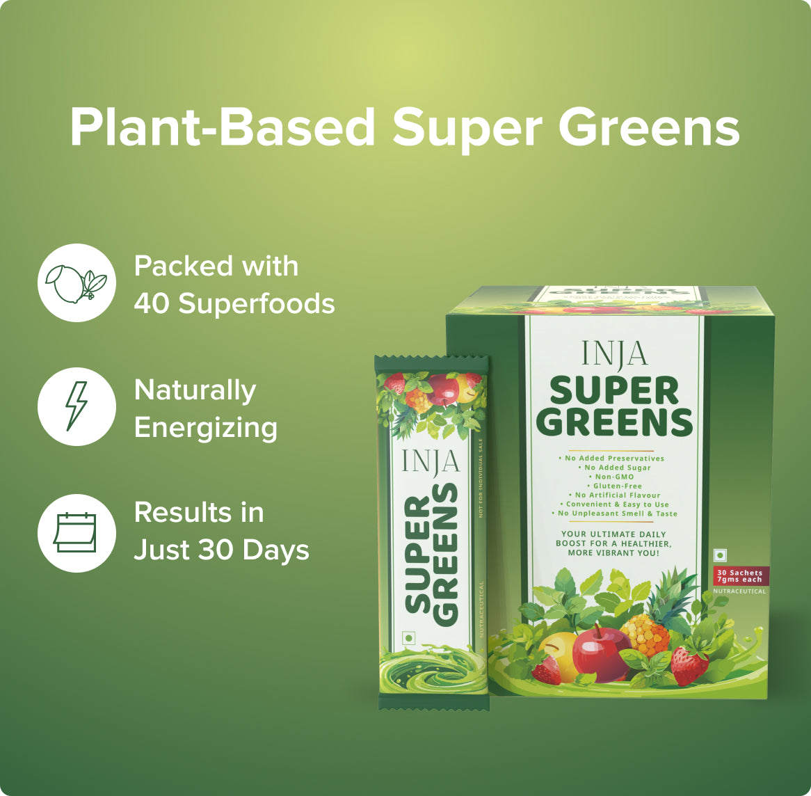 INJA Super Greens Sachets | Complete Daily Greens for Men & Women | 40+ Vitamins, Minerals Superfoods, Adaptogens & Antioxidants for Immunity, Energy, Detox, Gut Health