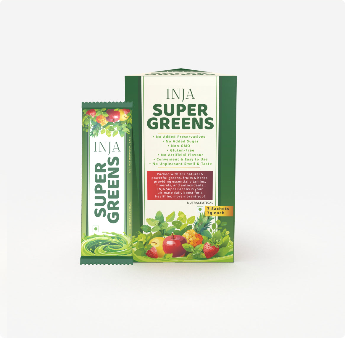 INJA Super Greens Sachets | Complete Daily Greens for Men & Women | 40+ Vitamins, Minerals Superfoods, Adaptogens & Antioxidants for Immunity, Energy, Detox, Gut Health - 7 Sachets