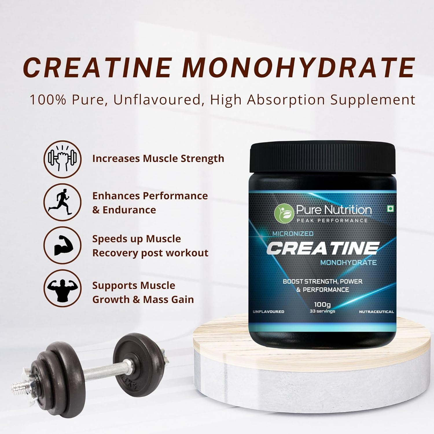 Pure Nutrition Micronised Creatine Monohydrate Powder, Pre/Post Workout Supplement, Instant Energy for Athletic Performance, Fast Recovery, Increased Muscle Mass, Unflavoured, 100g, 33 Servings