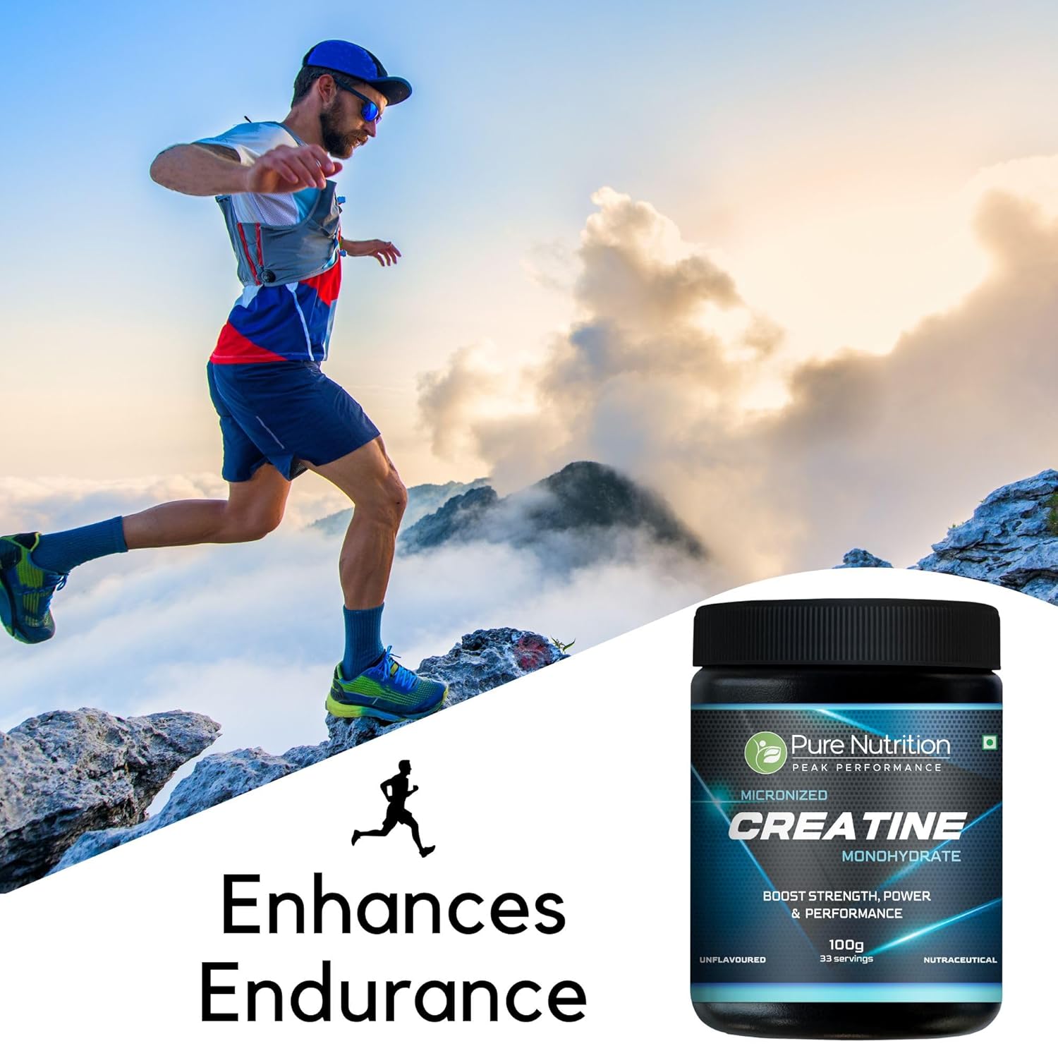 Pure Nutrition Micronised Creatine Monohydrate Powder, Pre/Post Workout Supplement, Instant Energy for Athletic Performance, Fast Recovery, Increased Muscle Mass, Unflavoured, 100g, 33 Servings