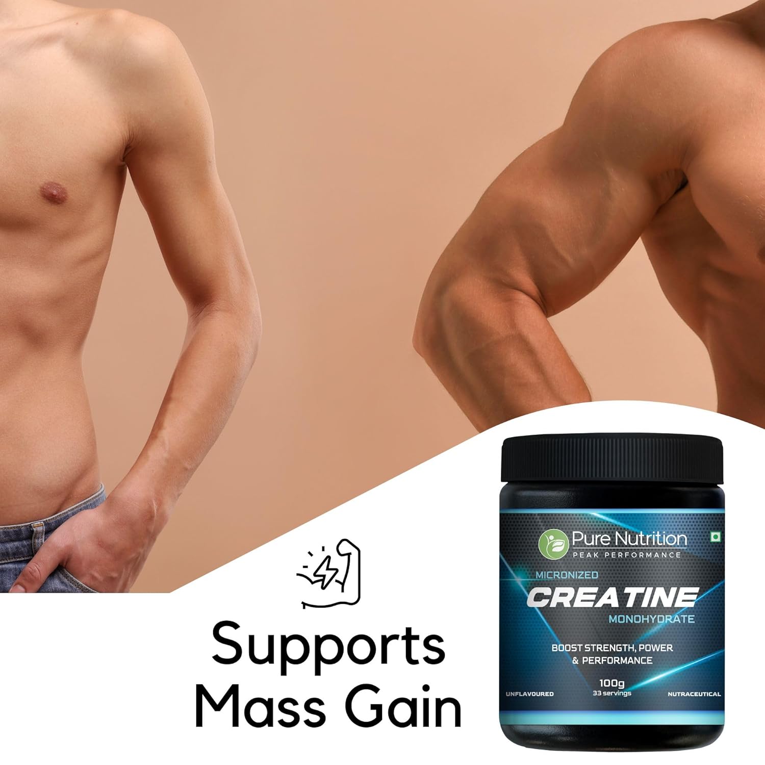 Pure Nutrition Micronised Creatine Monohydrate Powder, Pre/Post Workout Supplement, Instant Energy for Athletic Performance, Fast Recovery, Increased Muscle Mass, Unflavoured, 100g, 33 Servings