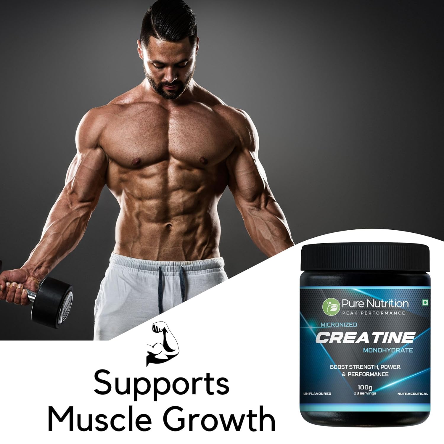 Pure Nutrition Micronised Creatine Monohydrate Powder, Pre/Post Workout Supplement, Instant Energy for Athletic Performance, Fast Recovery, Increased Muscle Mass, Unflavoured, 100g, 33 Servings