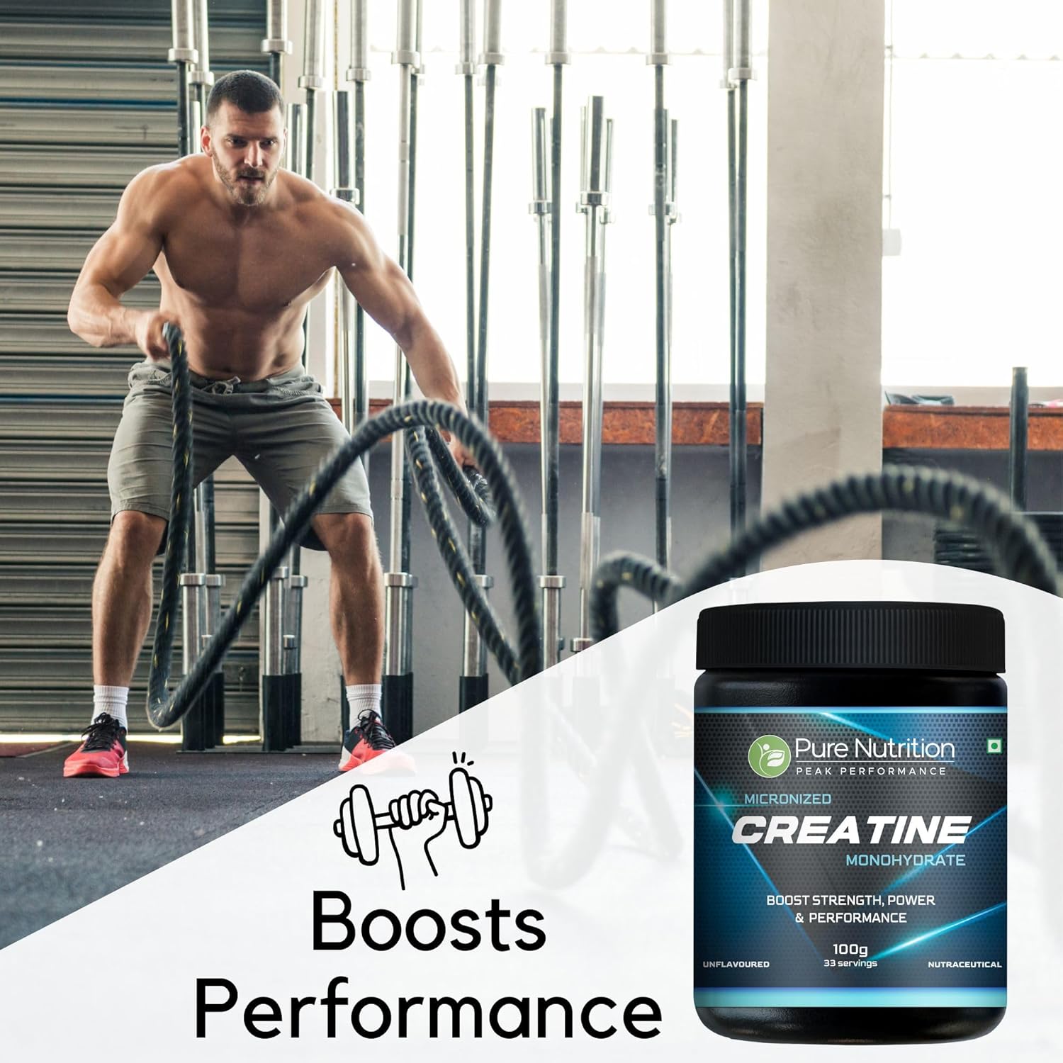 Pure Nutrition Micronised Creatine Monohydrate Powder, Pre/Post Workout Supplement, Instant Energy for Athletic Performance, Fast Recovery, Increased Muscle Mass, Unflavoured, 100g, 33 Servings