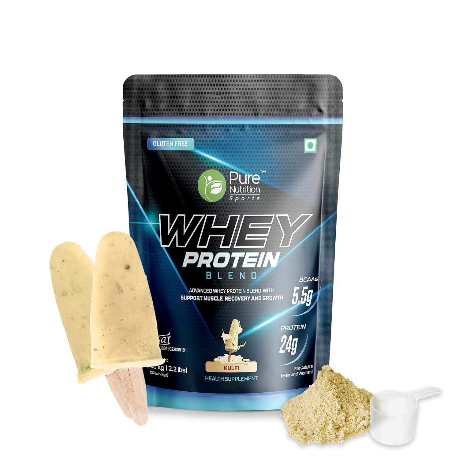 Pure Nutrition Whey Protein Blend (Isolate + Concentrate)1Kg Pouch, 30 Servings, 24g Protein, 5.5g BCAA per Serving | Supplement Powder for Men & Women for Muscle Recovery & Growth, Kulfi Flavour