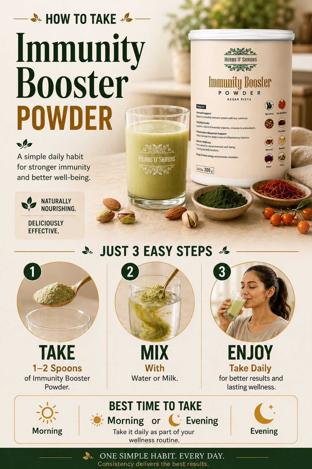 Herbs O’ Shrubs Immunity Booster Powder | Kesar Pista Flavour | Nutrition Powder | Ayurvedic Vitality Blend with Ashwagandha, Sea Buckthorn & Blue Green Algae | Vegan & Daily Immune Support,  200g