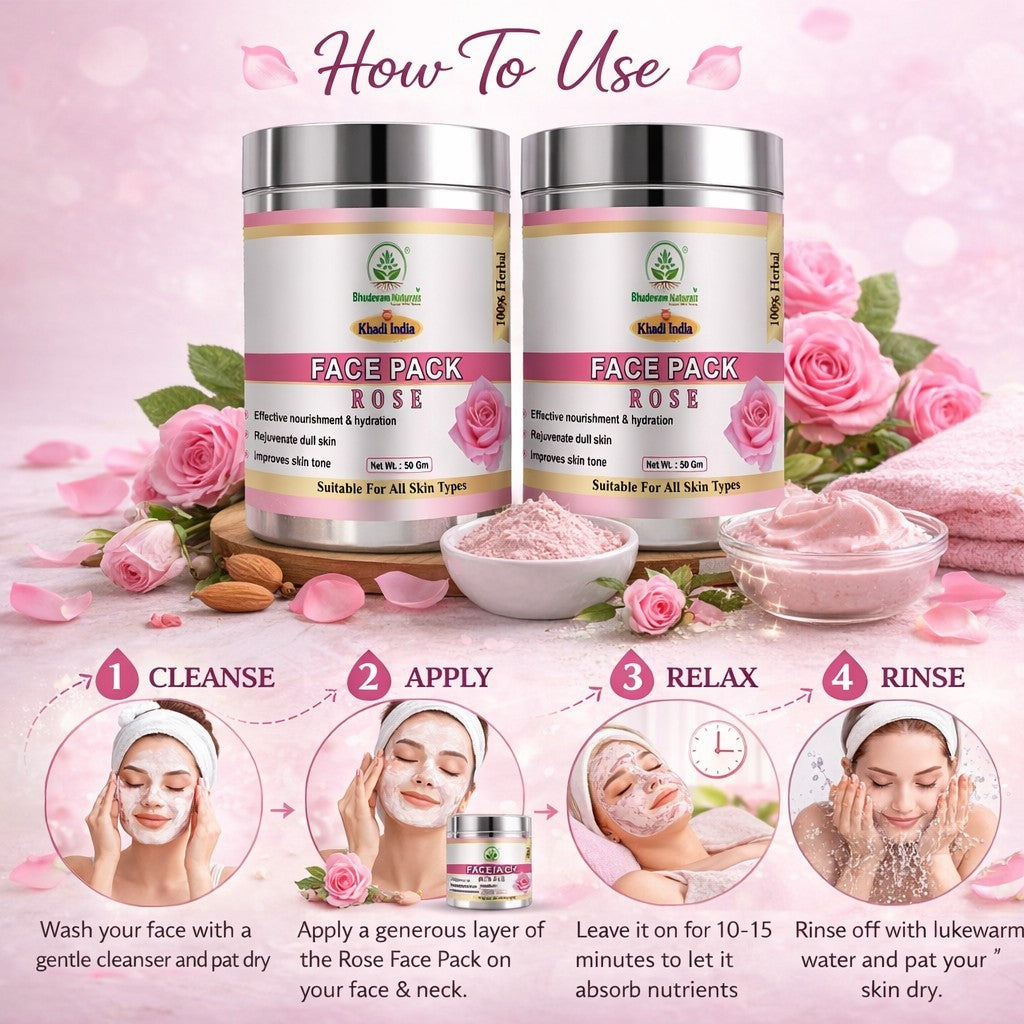 Bhudevam Naturals Khadi Herbal Rose Face Pack Skin Brightening Face Mask for Glow, Pigmentation & Deep Cleansing- 100GM (Pack of 2)