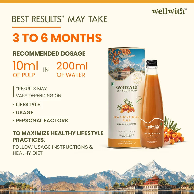 Ayuzera (Wellwith) Himalayan Sea Buckthorn Pulp Concentrate (300ml) | Cold-Pressed Wild Superfruit Pulp | Makes 50 Glasses | Rich in Natural Vitamin C, Omega 3 6 7 9 & Antioxidants | For Immunity, Radiant Skin & Gut Health