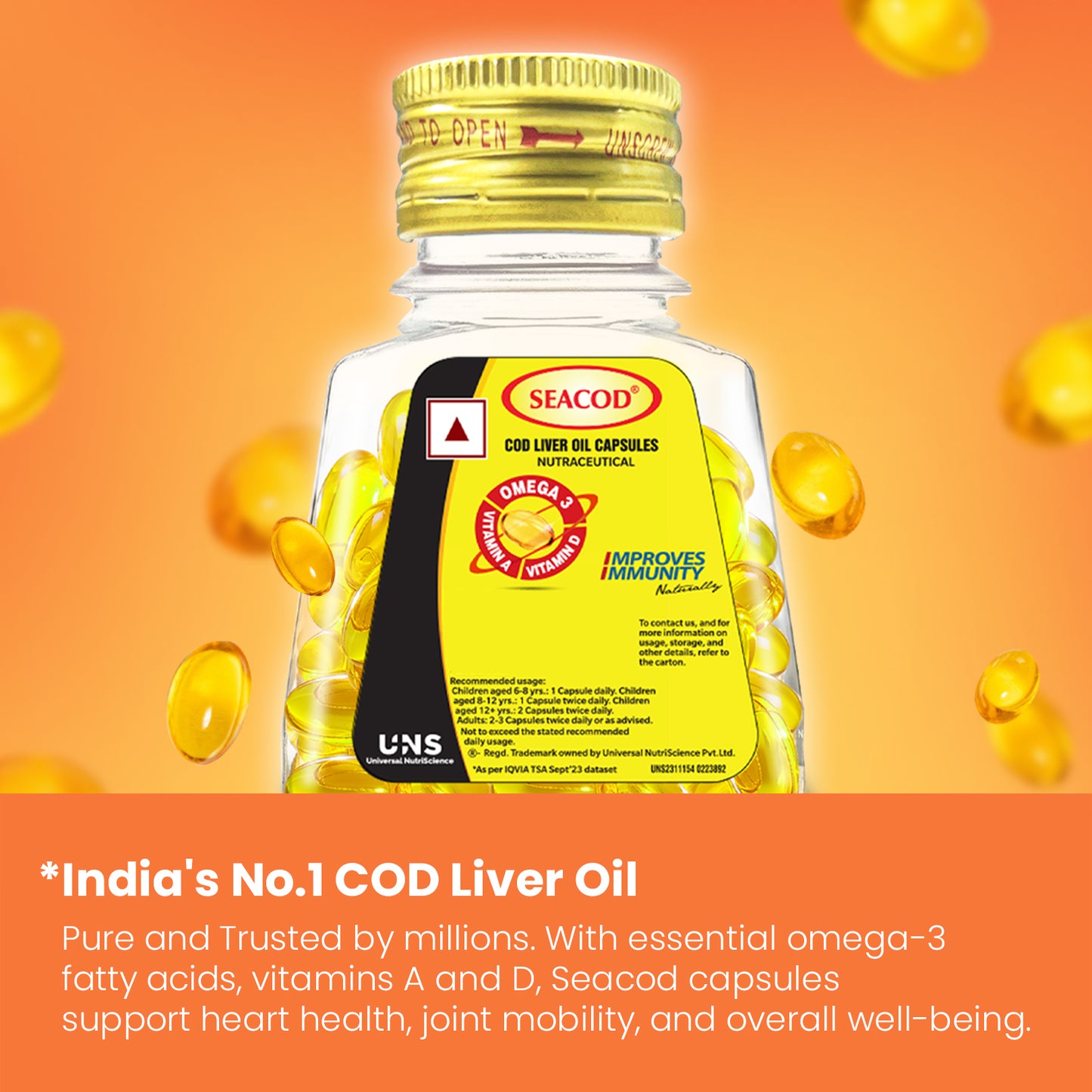 Seacod Cod Liver Oil Capsule 300 mg | Omega-3, Vitamins D & A | Immune & Heart Health