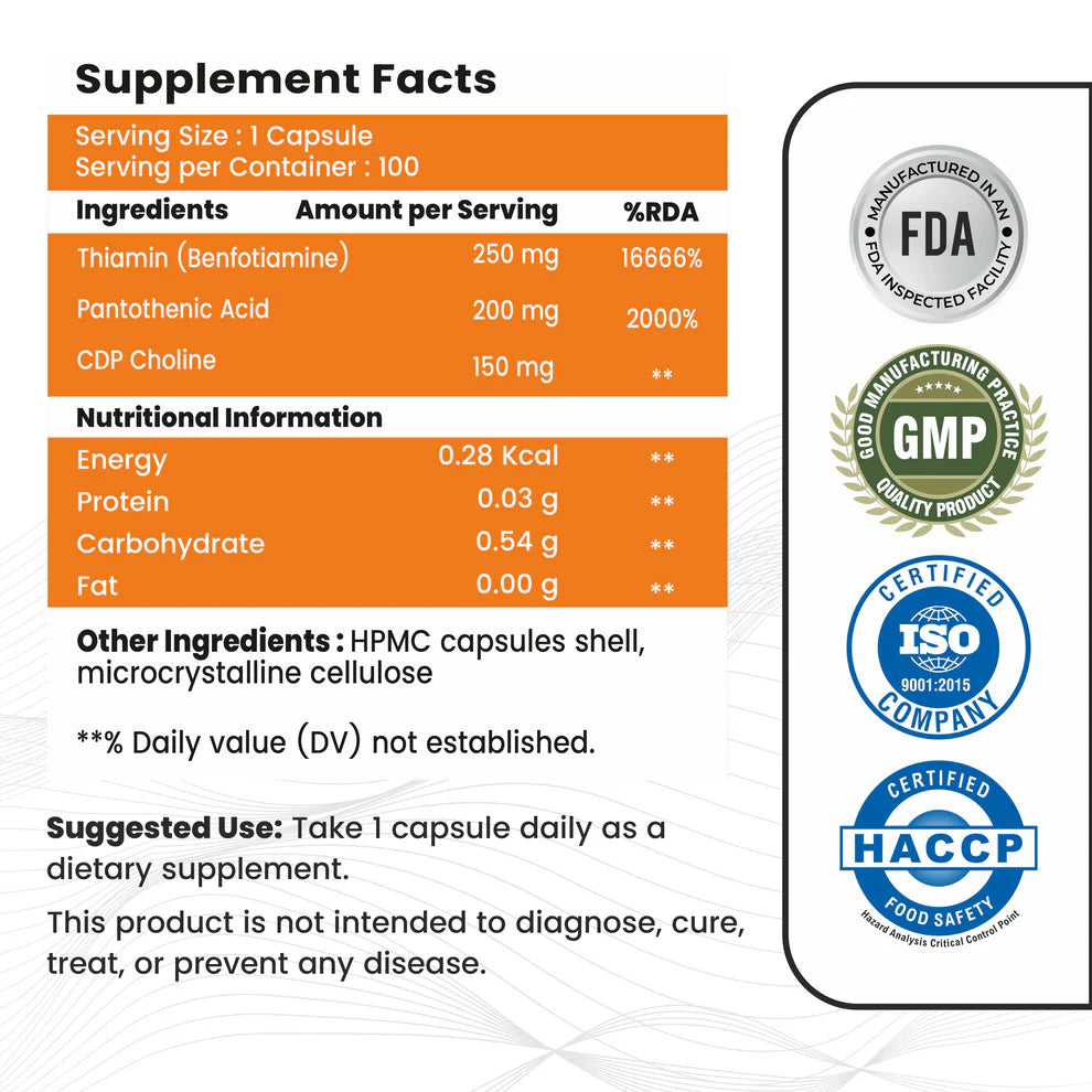 Raskam Benfotiamine+ 600mg Capsules - Antioxidant & Energy Support - Promotes Nerve Health & Metabolic Function - Nutraceutical Supplement 100-Capsules