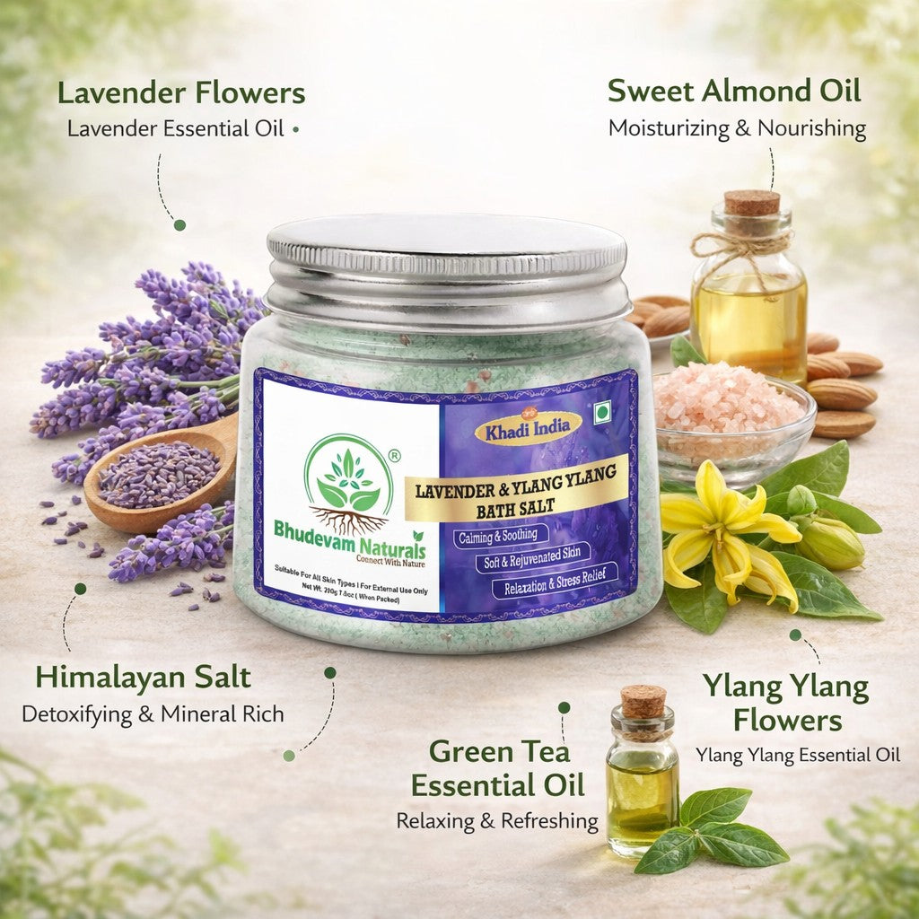 Bhudevam Naturals Khadi Lavender & Basil Bath Salts – Relaxing Aromatherapy Soak for Stress Relief, Muscle Relaxation & Skin Care- 200GM