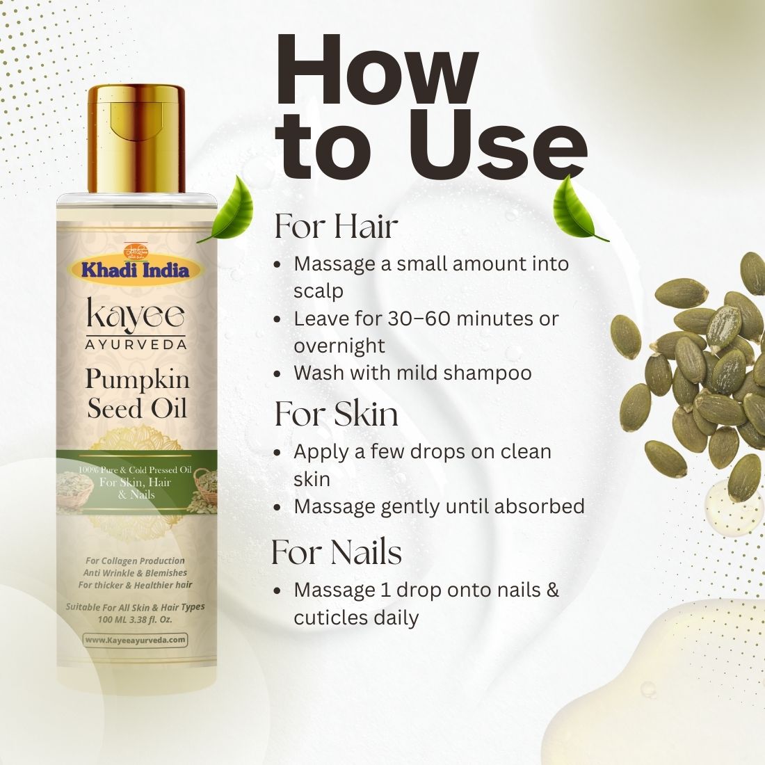 Kayee Ayurveda Pumpkin Seed Oil for Skin, Hair & Nails | Natural Pumpkin Seed Oil for Hair & Scalp Nourishment, Dry Skin Moisturization, Nail & Cuticle Care, Hair Conditioning & Natural Shine | 100 ml