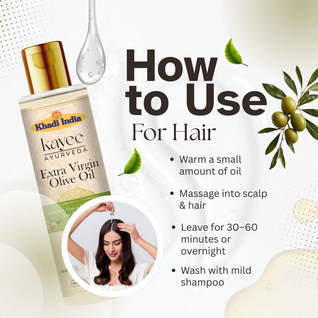 Kayee Ayurveda Extra Virgin Olive Oil for Skin and Hair Care | Natural Multi-Purpose Olive Oil for Dry Skin, Hair & Scalp Nourishment, Smoothness, Softness & Healthy-Looking Natural Shine | 100 ml