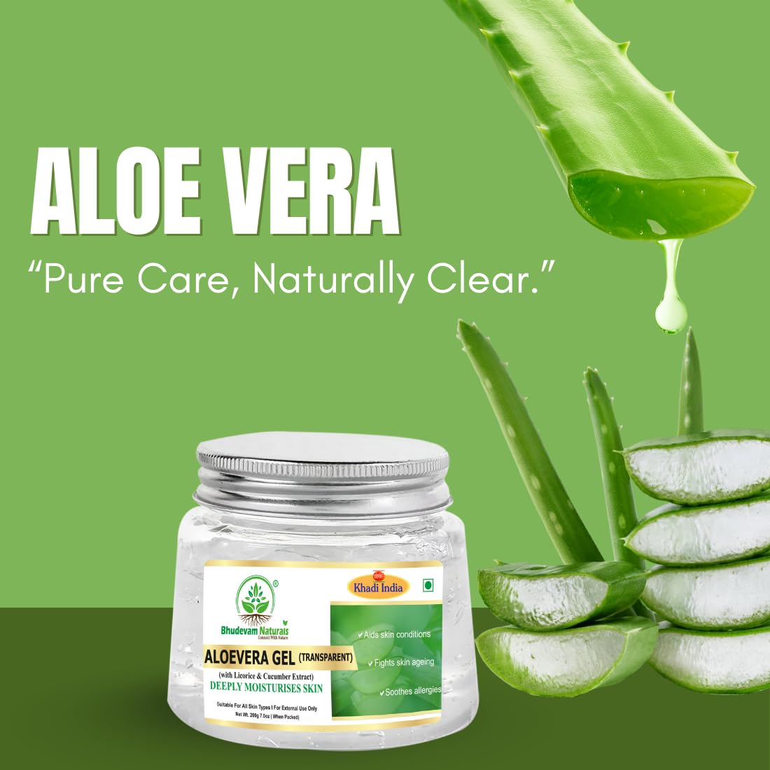 Bhudevam Naturals Khadi Pure Aloe Vera Gel (Transparent) for Skin & Hair | Natural Hydrating Gel for Face, Acne Care, Sunburn Relief & Deep Moisturization- 200GM