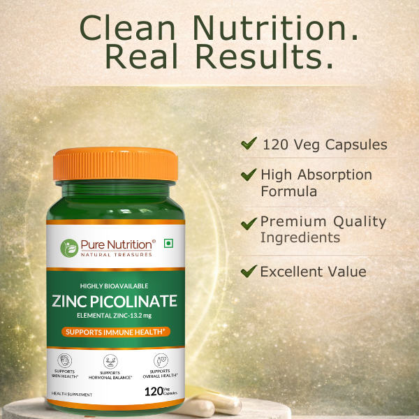 Pure Nutrition Zinc Picolinate | Zinc Supplements for Men & Women | Highly Bioavailable Elemental Zinc 13.2mg | Supports Immune Health, Skin, Hormonal Balance & Metabolism | Daily Zinc Supplement 120 Veg Capsules