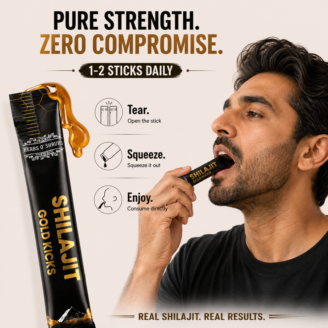 Herbs O' Shrubs Shilajit Gold Sticks | Ayurvedic Men Wellness Supplement with Shilajit, Honey & Caramel | Support Strength, Stamina, Energy & Vitality | Natural Rejuvenator, 5 Sticks