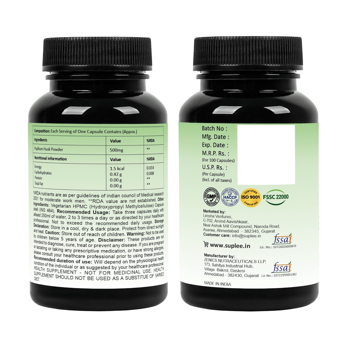 Psyllium Husk Capsules 500mg | Isabgol Fiber Supplement | 100 Veg Capsules