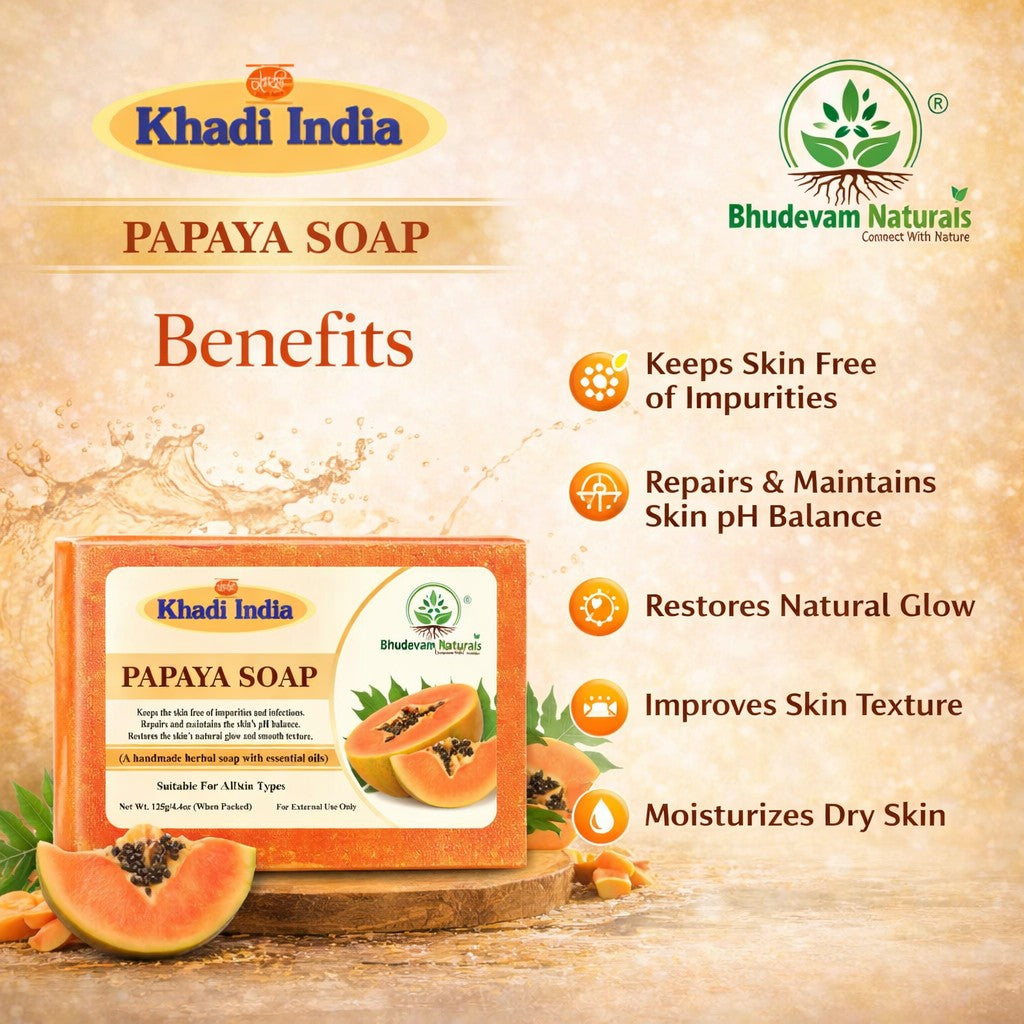 Bhudevam Naturals Khadi Handmade Papaya Soap Bar – Exfoliating & Deep Cleansing Bath Soap for Face & Body - 500GM (Pack of 4)