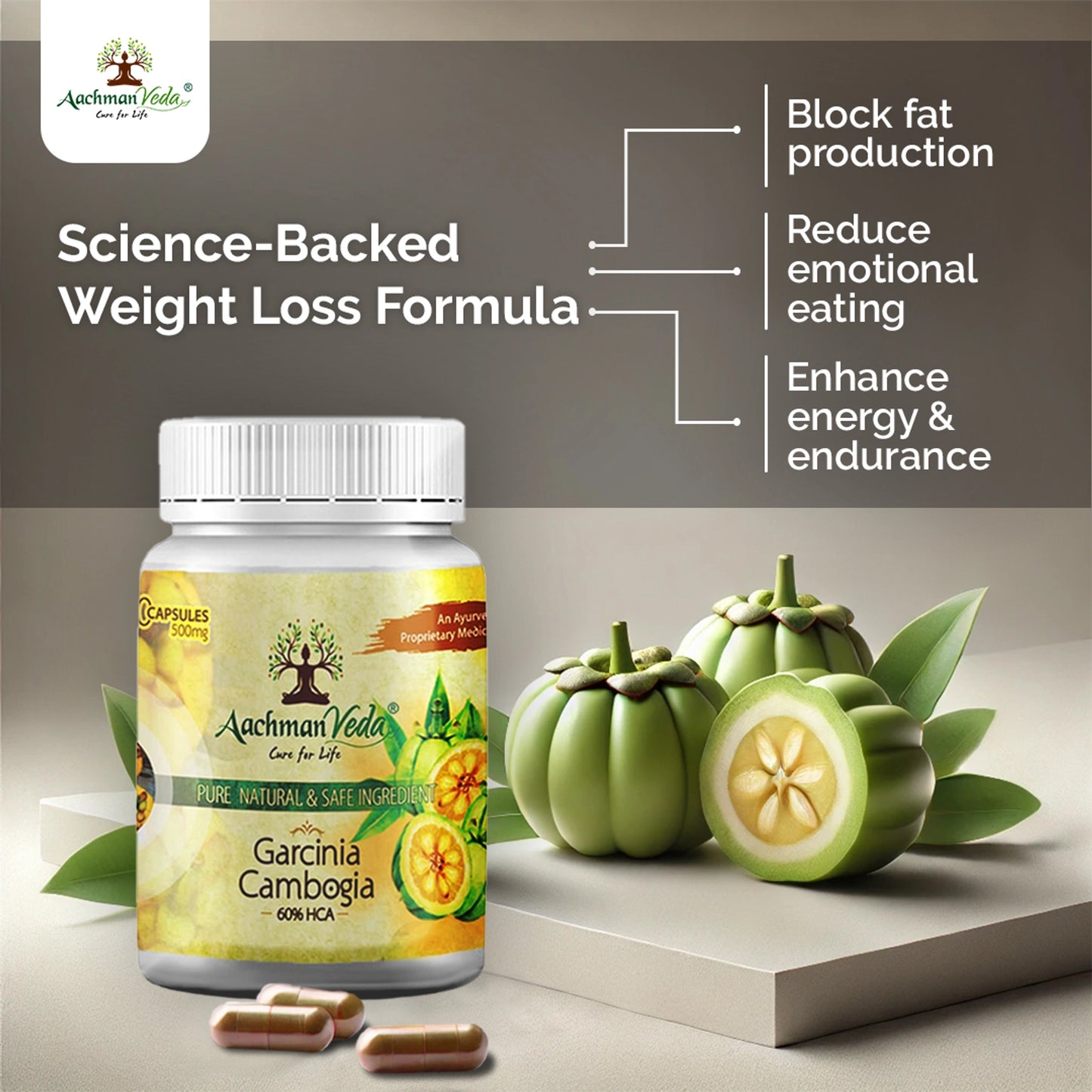 Aachman Veda Garcinia Cambogia 500mg 60% HCA Weight Loss Capsule (60 Each)