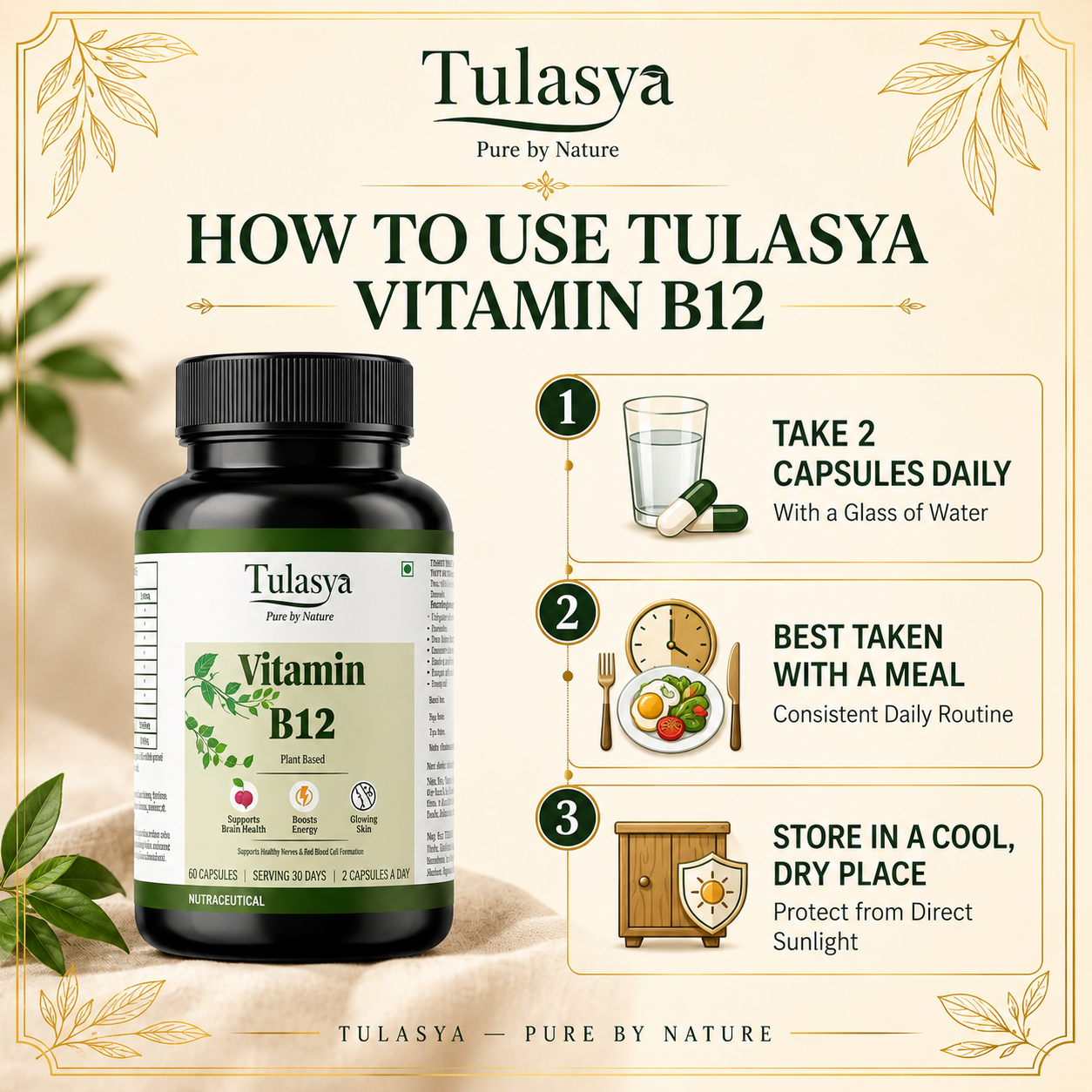 Tulasya Plant-Based Vitamin B12 2.2mcg (60 Veg Capsules) | 100% Daily Value (RDA) | Daily Energy, Nerve & Red Blood Cell Support