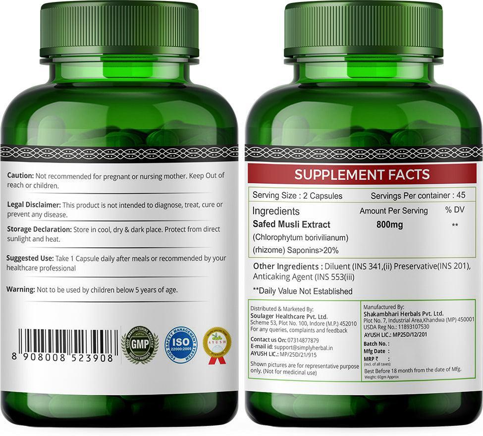 Simply Herbal Safed Musli 800mg Vegetarian Capsules - 90 Capules (Pack of 2 & 3)
