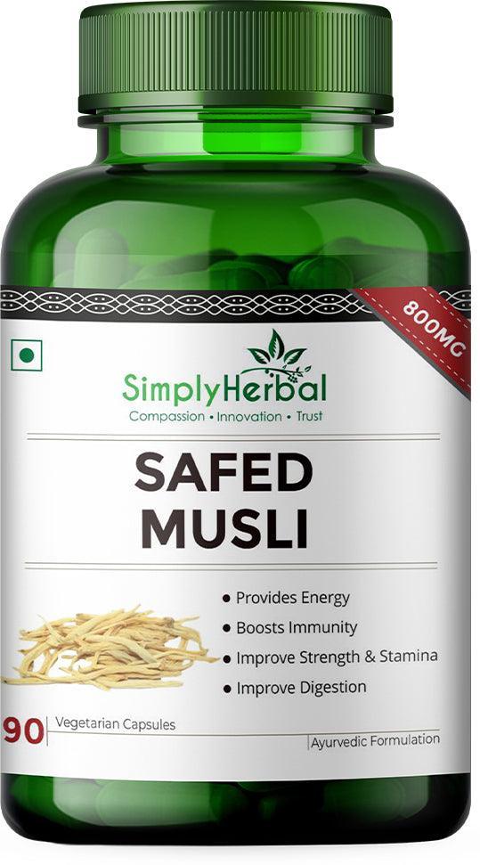 Simply Herbal Safed Musli 800mg Vegetarian Capsules - 90 Capules (Pack of 2 & 3)