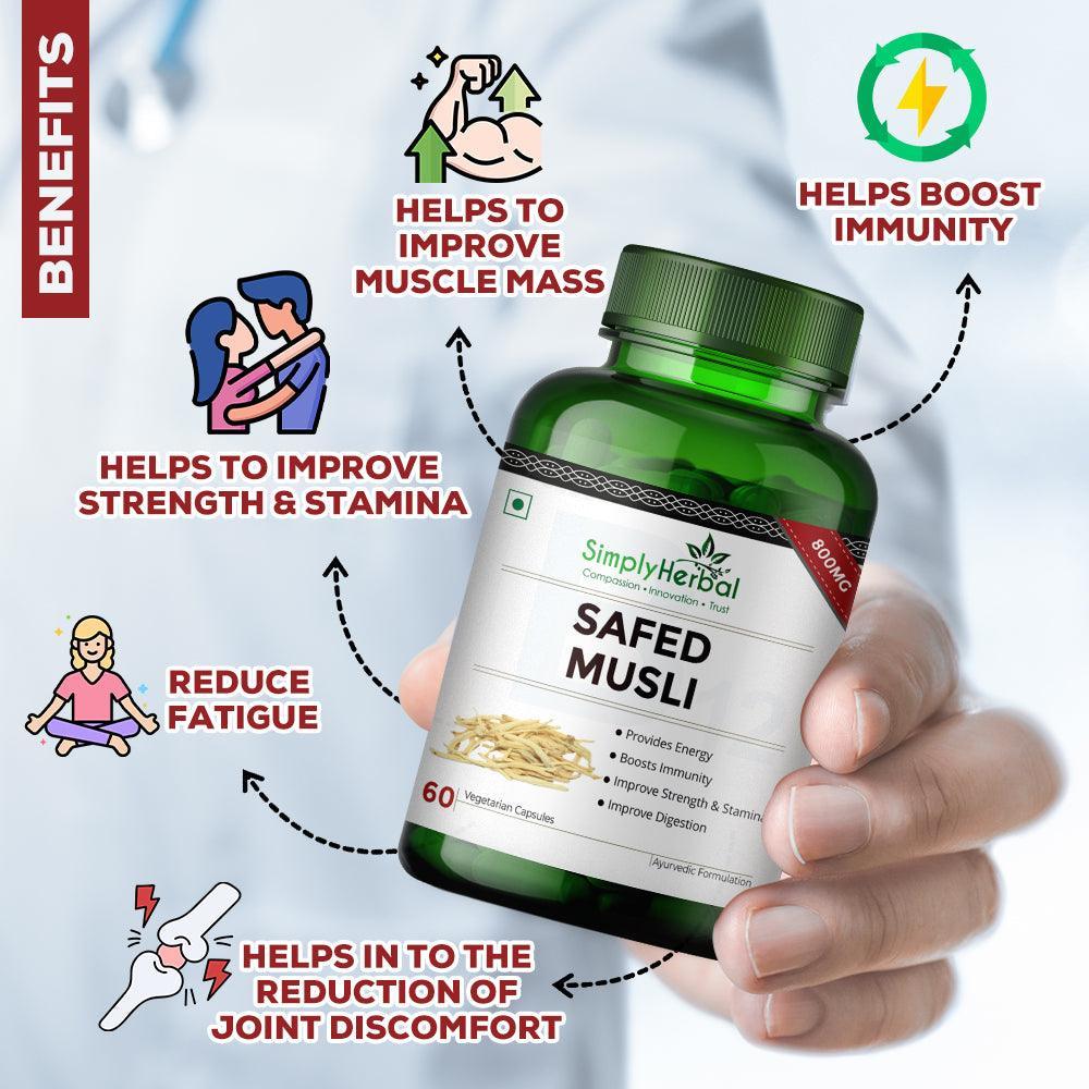 Simply Herbal Safed Musli 800mg Vegetarian Capsules - 90 Capules (Pack of 2 & 3)