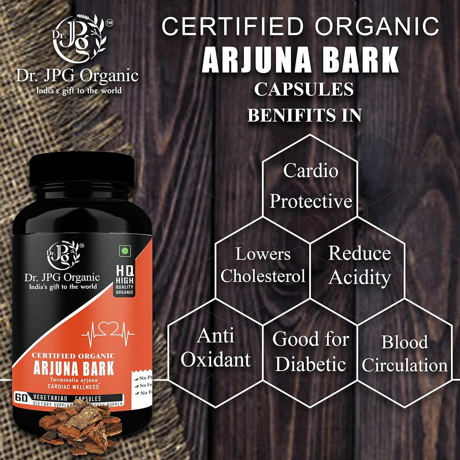DR. JPG Organic Arjuna Bark Capsules (500mg, 60 Veg Capsules) | Supports Heart Health & Healthy Cholesterol | 100% Certified Organic