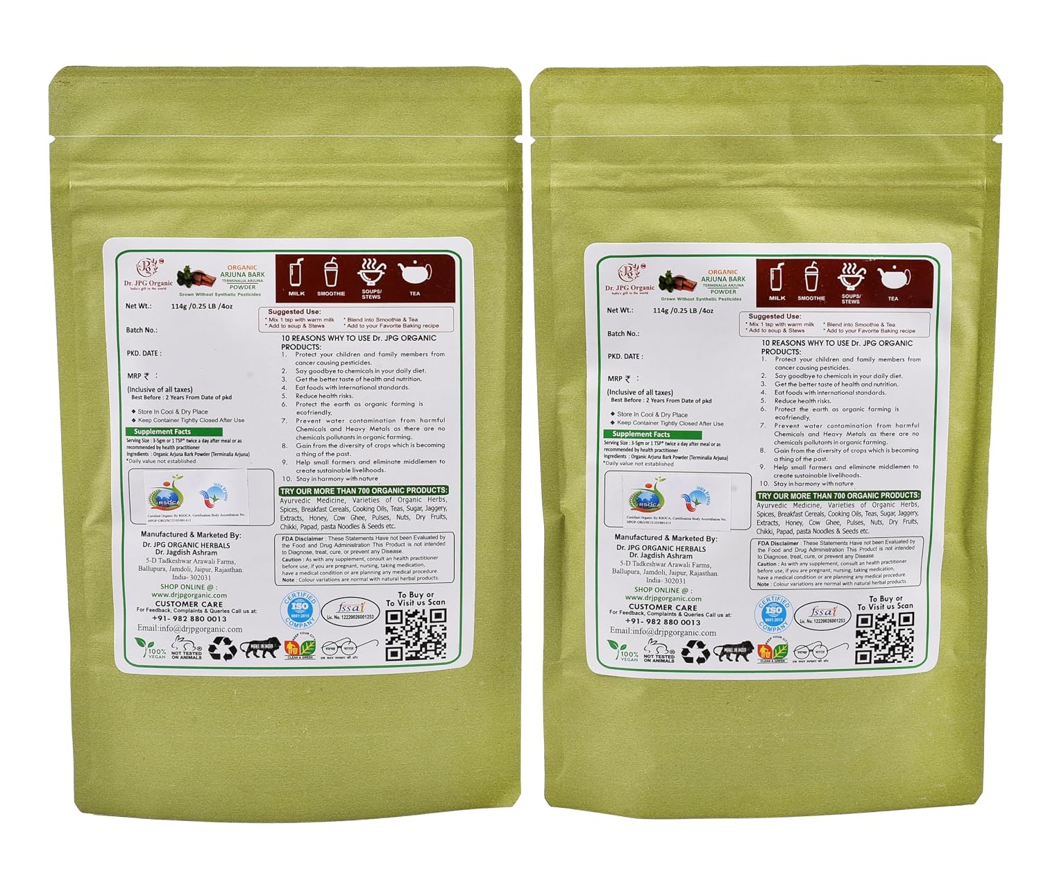 DR. JPG Organic Arjuna Bark Powder (228g) – 114g (Pack of 2) | For Heart Care, Cholesterol Management & Healthy Metabolism | 100% Certified Organic