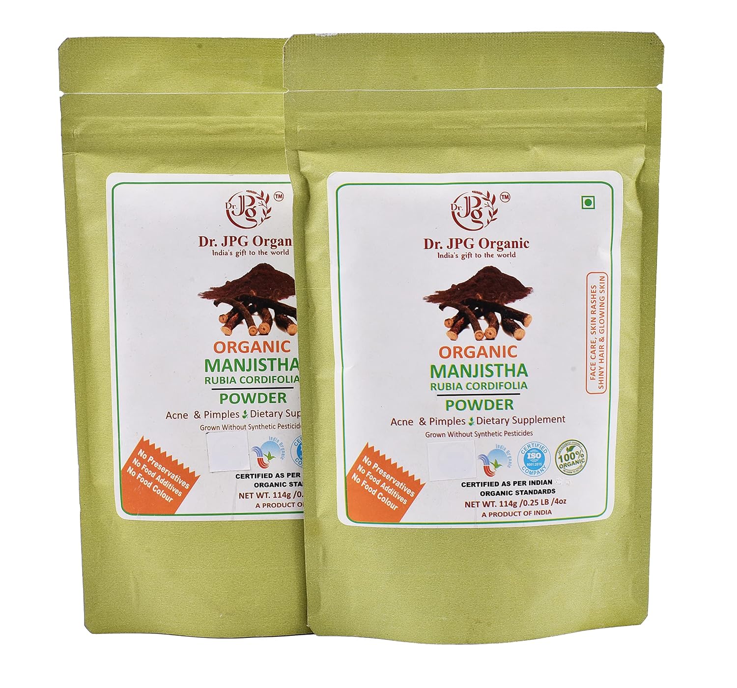 DR. JPG Organic Manjistha Root Powder (228g) – 114g (Pack of 2) | For Hair & Skin | 100% Certified Organic