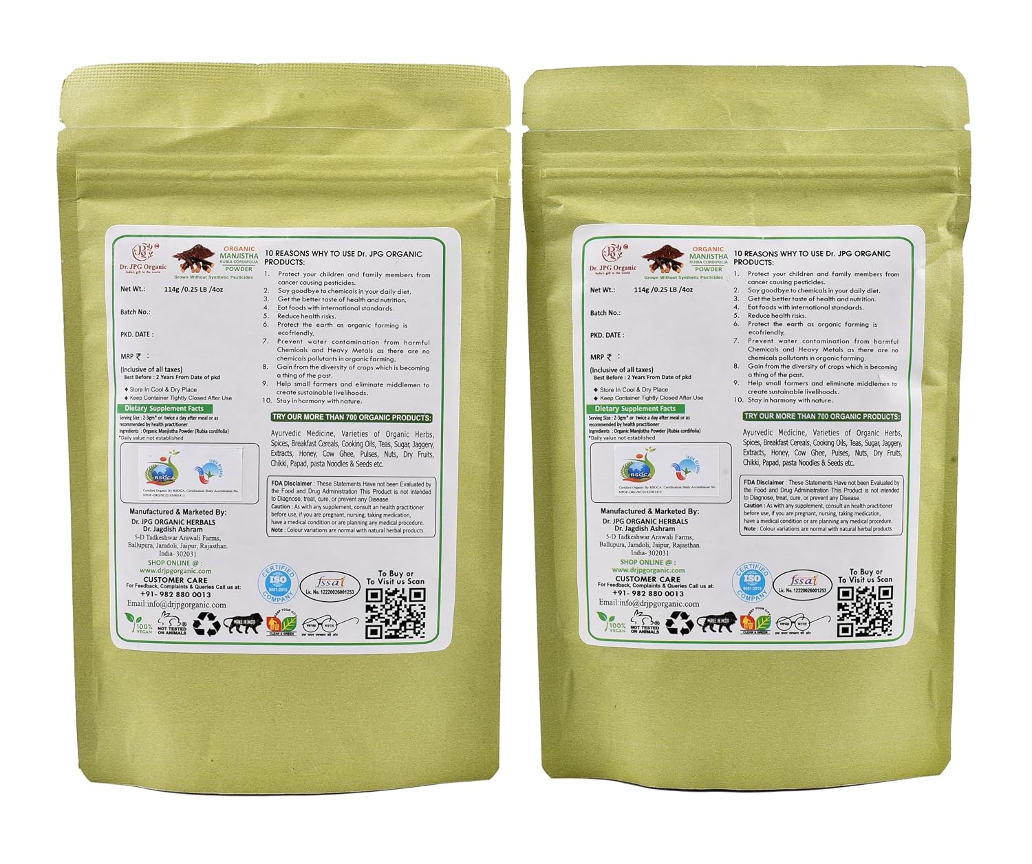 DR. JPG Organic Manjistha Root Powder (228g) – 114g (Pack of 2) | For Hair & Skin | 100% Certified Organic