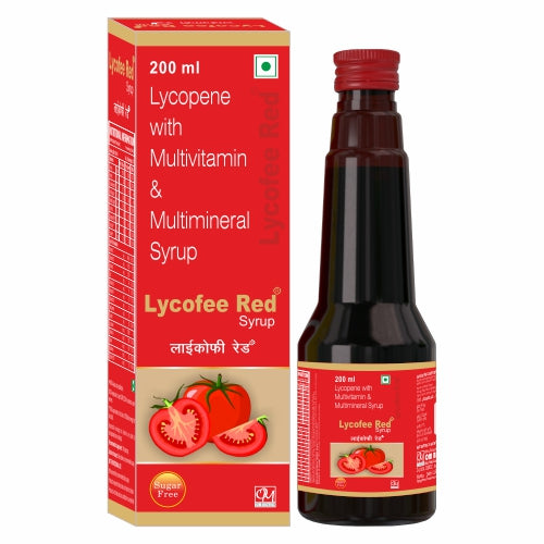 LYCOFEE RED (Sugarfree)Lycopene 1000mcg, Vitamin-A 2500 I.U., Vitamin-E 10 I.U., Vitamin-C 50mg, Selenium 35mcg, Zinc 3mg, Manganese 2mg, Iodine 100mcg, Copper 500mcg, Vitamin-B1 2mg, Vitamin-B2 3mg, Vitamin-B6 1.5mg