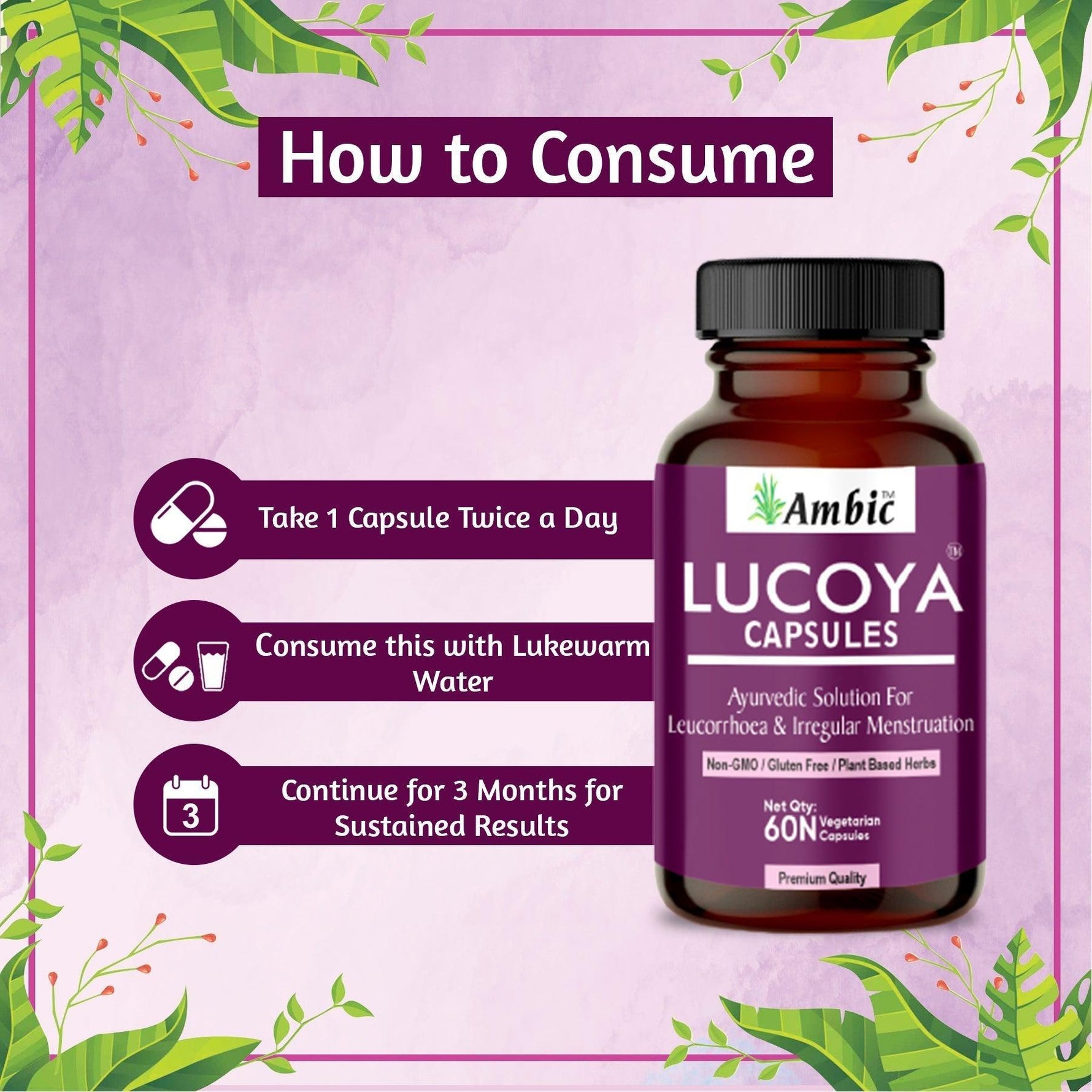 Ambic Lucoya Vegetarian Capsule for Leucorrhoea & Women’s Health (60 Each)