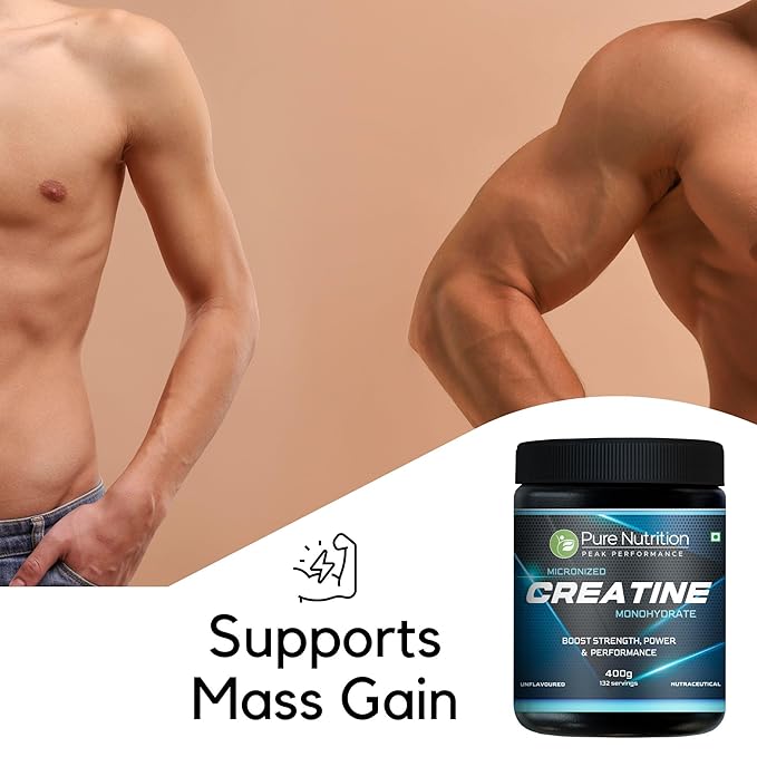 Pure Nutrition Micronised Creatine Monohydrate Powder, Pre/Post Workout Supplement, Instant Energy for Athletic Performance, Fast Recovery, Increased Muscle Mass, Unflavoured - 400gm