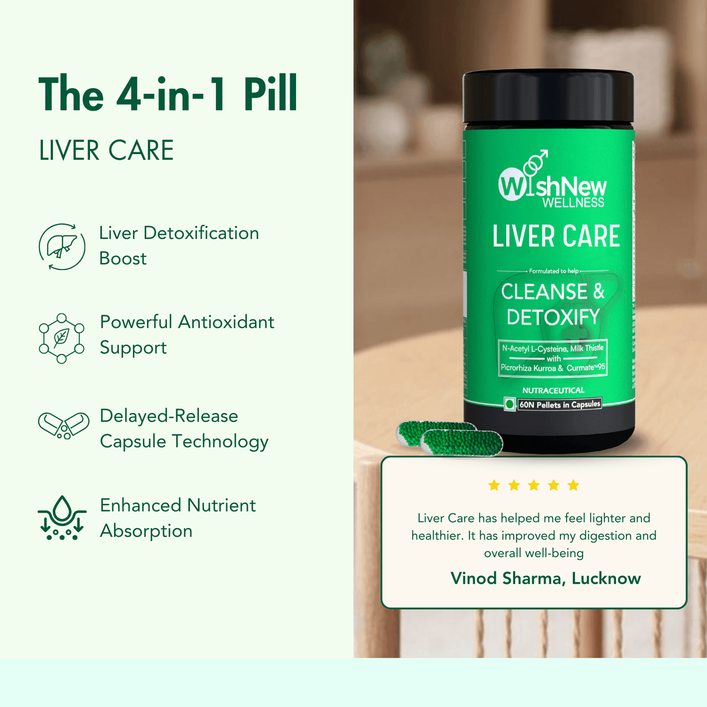 Wishnew Wellness Liver Care Detoxifying Liver Support with NAC, Milk Thistle & Curmate95 Pellets in Capsule | 60 Vegetarian Capsules