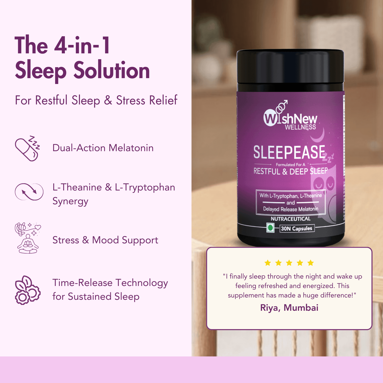 Wishnew Wellness Sleepease Restful & Deep Sleep Capsule - 30 Vegetarian Capsules