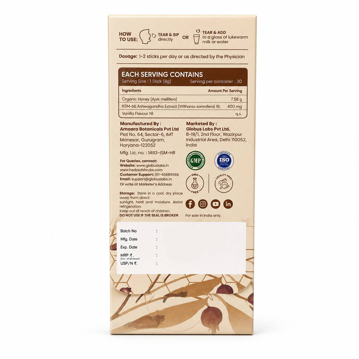 Herbs O’ Shrubs Ashwagandha KSM-66 Kicks | Root Extract with Organic Honey & Vanilla | Vitality Support | Convenient On-the-Go Energy & Focus Support, 5 Sticks