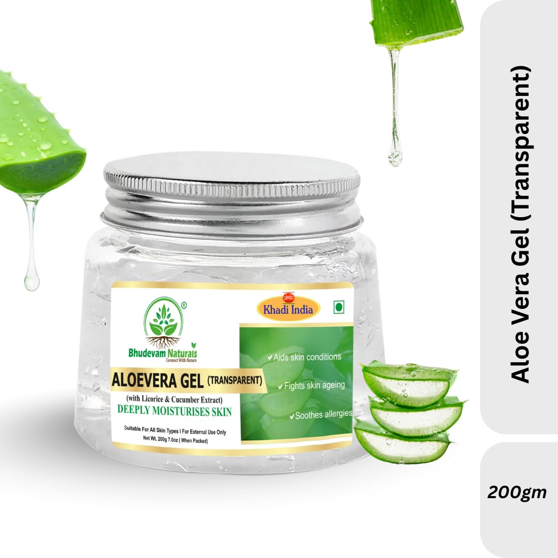 Bhudevam Naturals Khadi Pure Aloe Vera Gel (Transparent) for Skin & Hair | Natural Hydrating Gel for Face, Acne Care, Sunburn Relief & Deep Moisturization- 200GM