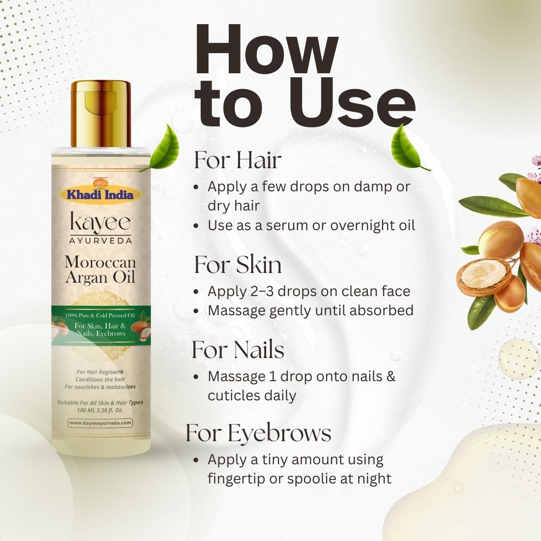 Kayee Ayurveda Moroccan Argan Oil for Hair & Skin | Natural Argan Oil for Dry & Frizzy Hair, Scalp Nourishment, Hair Conditioning, Skin Moisturization, Smoothness & Natural-Looking Shine | 100 ml