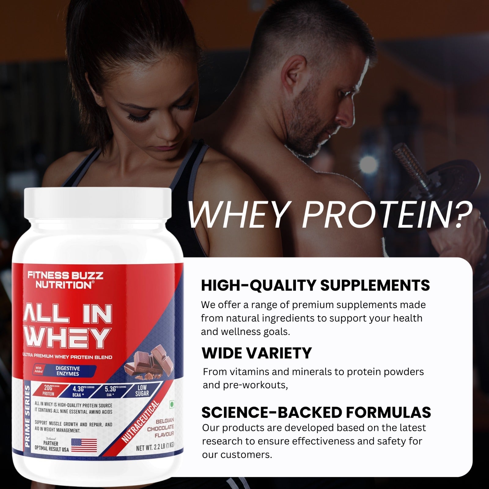 Fitness Buzz Nutrition I Prime Series I All in Whey with Added Digestive Enzymes I 20G Protein Per Serving I 4.3 BCAA Per Serving I 5.3G EAA Per Serving I Low Sugar I Nutraceutical I Veg I Belgian Chocolate