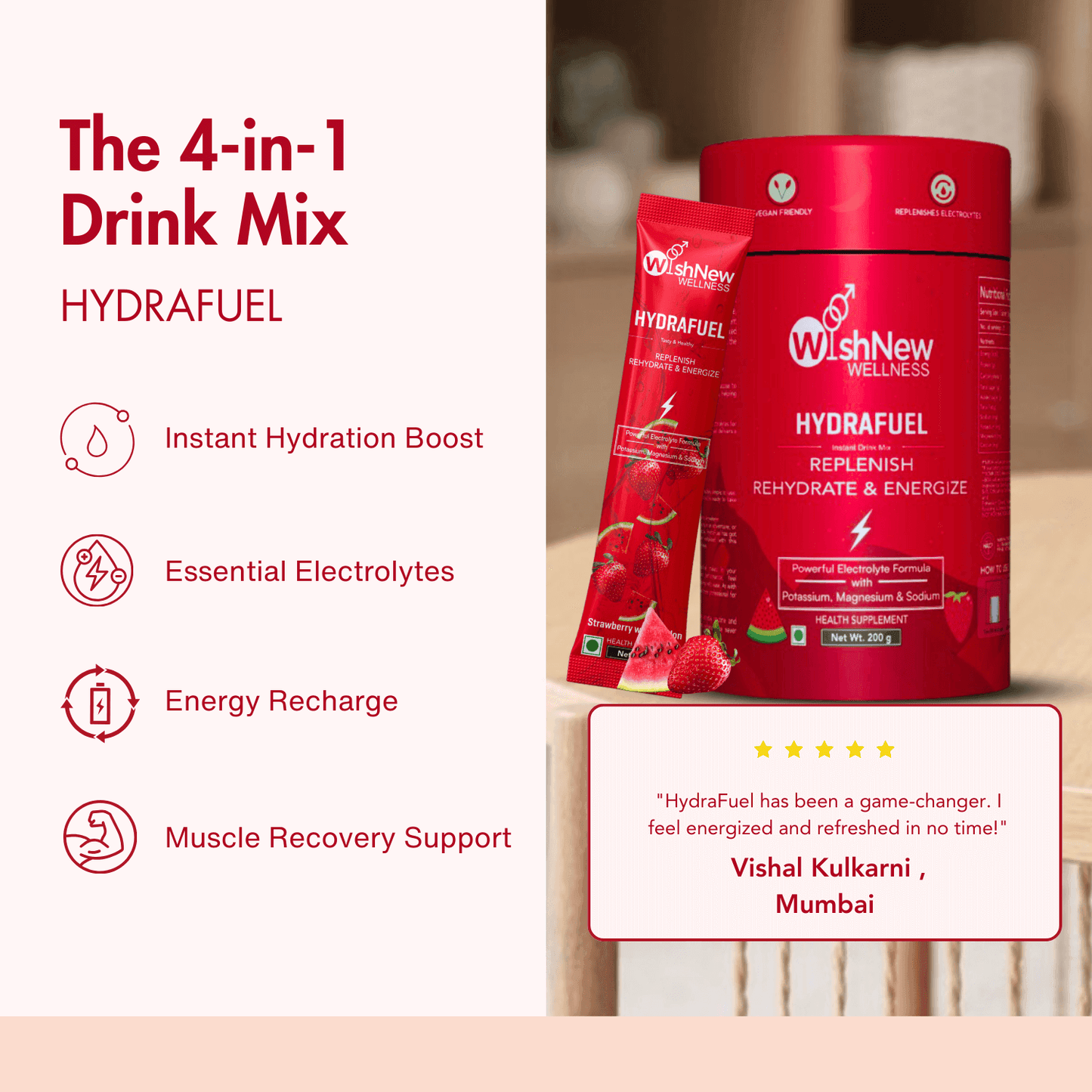 WishNew Wellness Hydrafuel Instant Energy Drink Mix Sachet Strawberry & Watermelon (10gm Each)