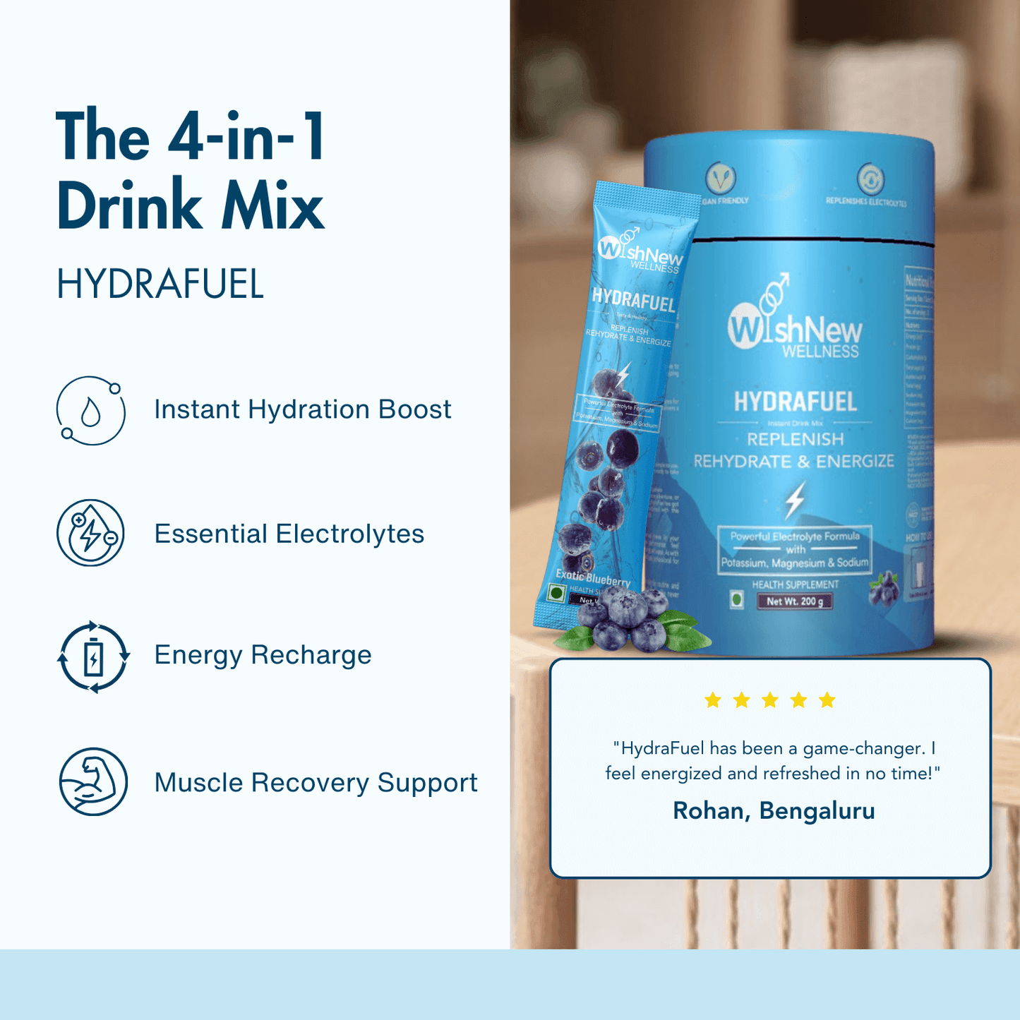 WishNew Wellness Hydrafuel Instant Energy Drink Mix Sachet Blueberry (10gm Each)