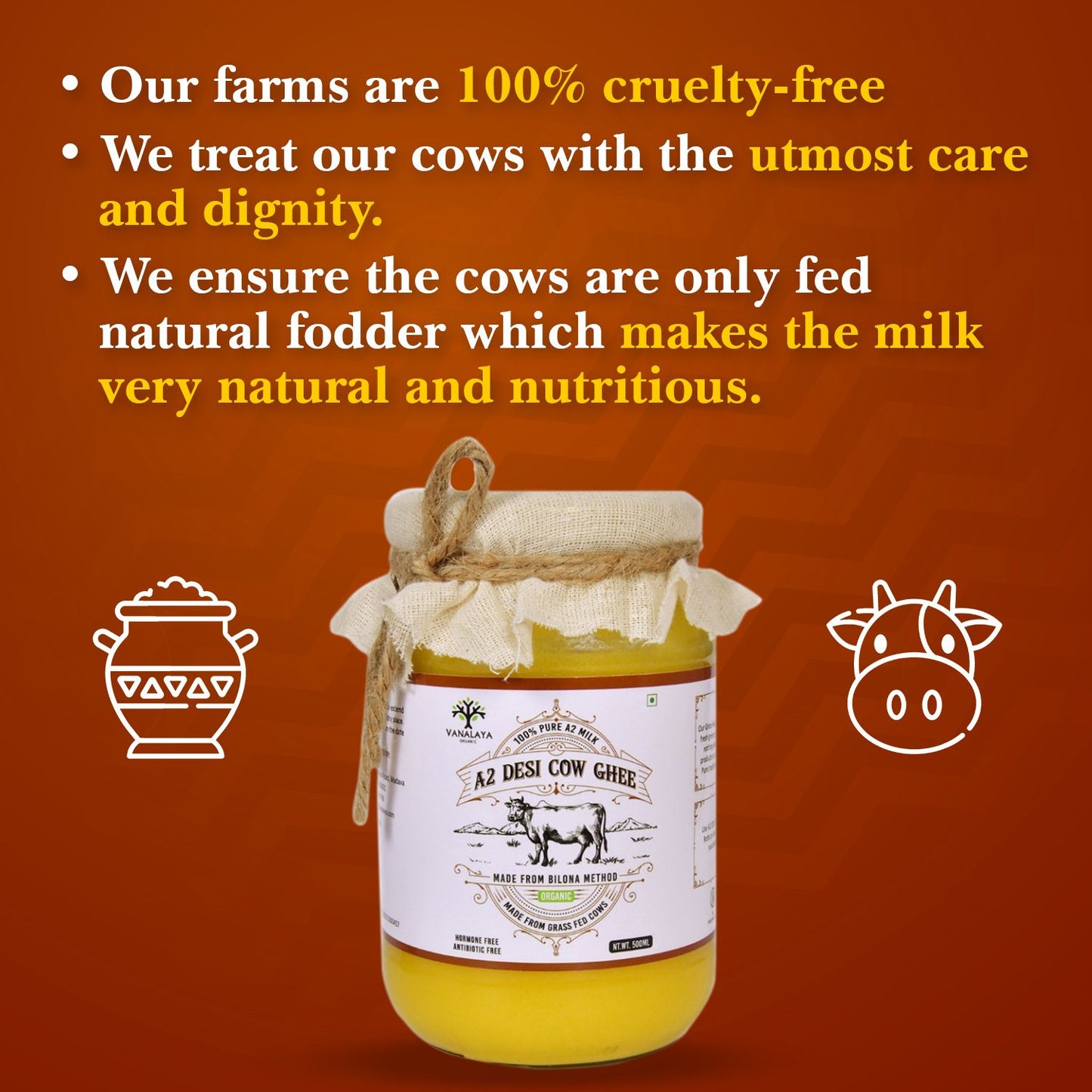 Vanalaya A2 Desi Cow Ghee from A2 Milk Prepared by Traditional Bilona Method - 500ml