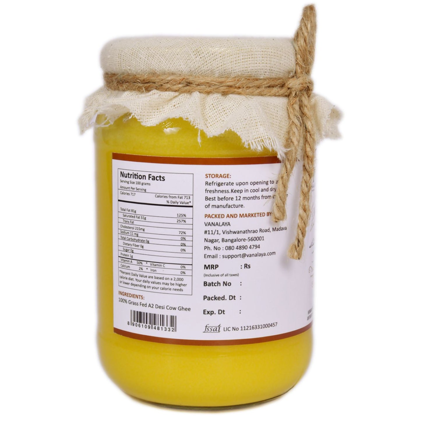 Vanalaya A2 Desi Cow Ghee from A2 Milk Prepared by Traditional Bilona Method - 500ml