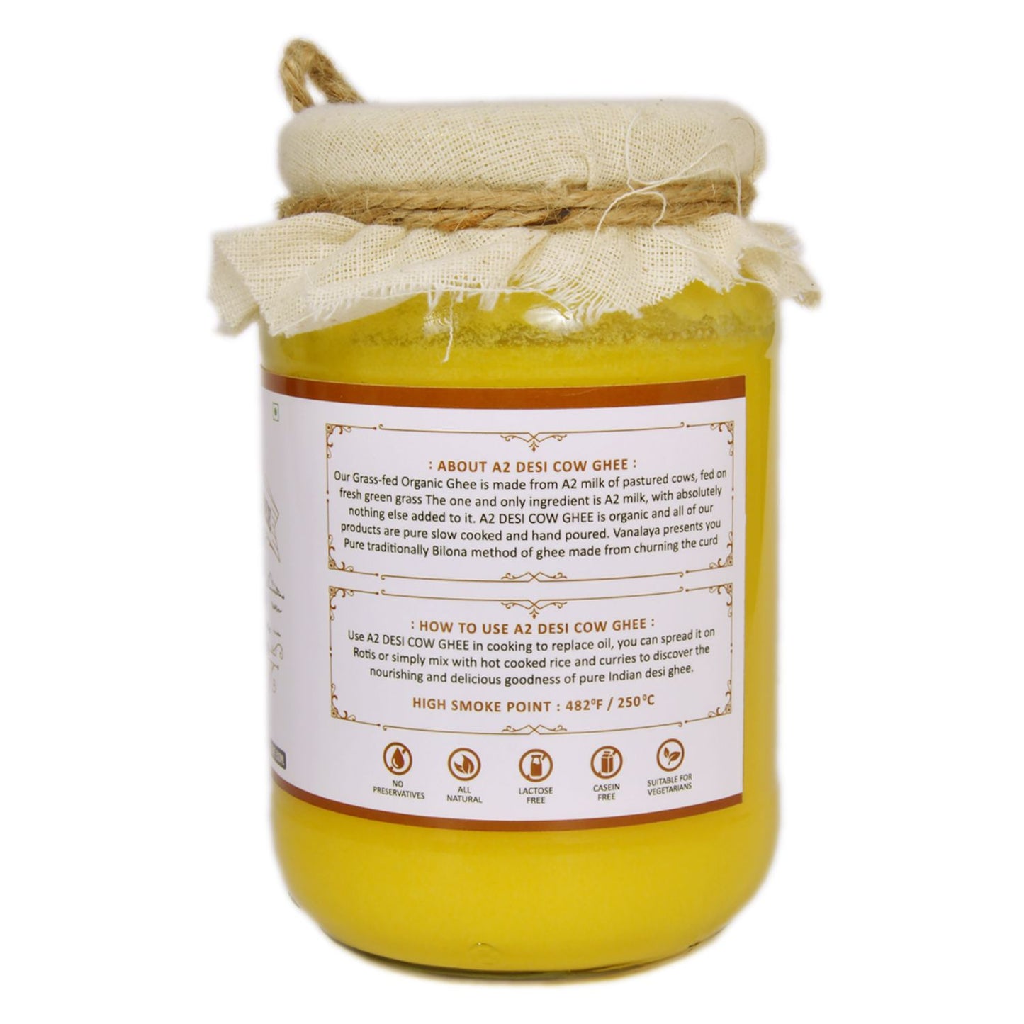 Vanalaya A2 Desi Cow Ghee from A2 Milk Prepared by Traditional Bilona Method - 500ml