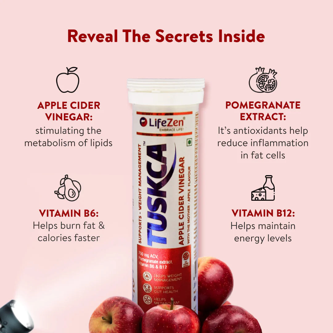 Lifezen Tuskca Apple Cider Vinegar with Mother 15 Effervescent Tablets 700mg, Pomegranat extract, Apple Flavour | Weight Management, Gut Health, Digestion, Boosts Metabolism | No added Sugar (Pack Of 1)