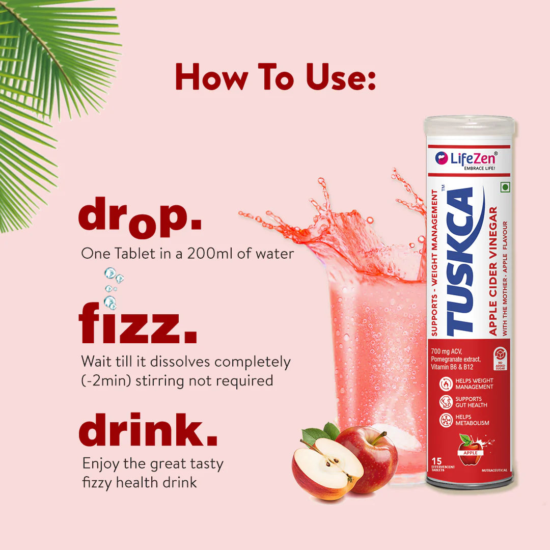 Lifezen Tuskca Apple Cider Vinegar with Mother 15 Effervescent Tablets 700mg, Pomegranat extract, Apple Flavour | Weight Management, Gut Health, Digestion, Boosts Metabolism | No added Sugar (Pack Of 1)