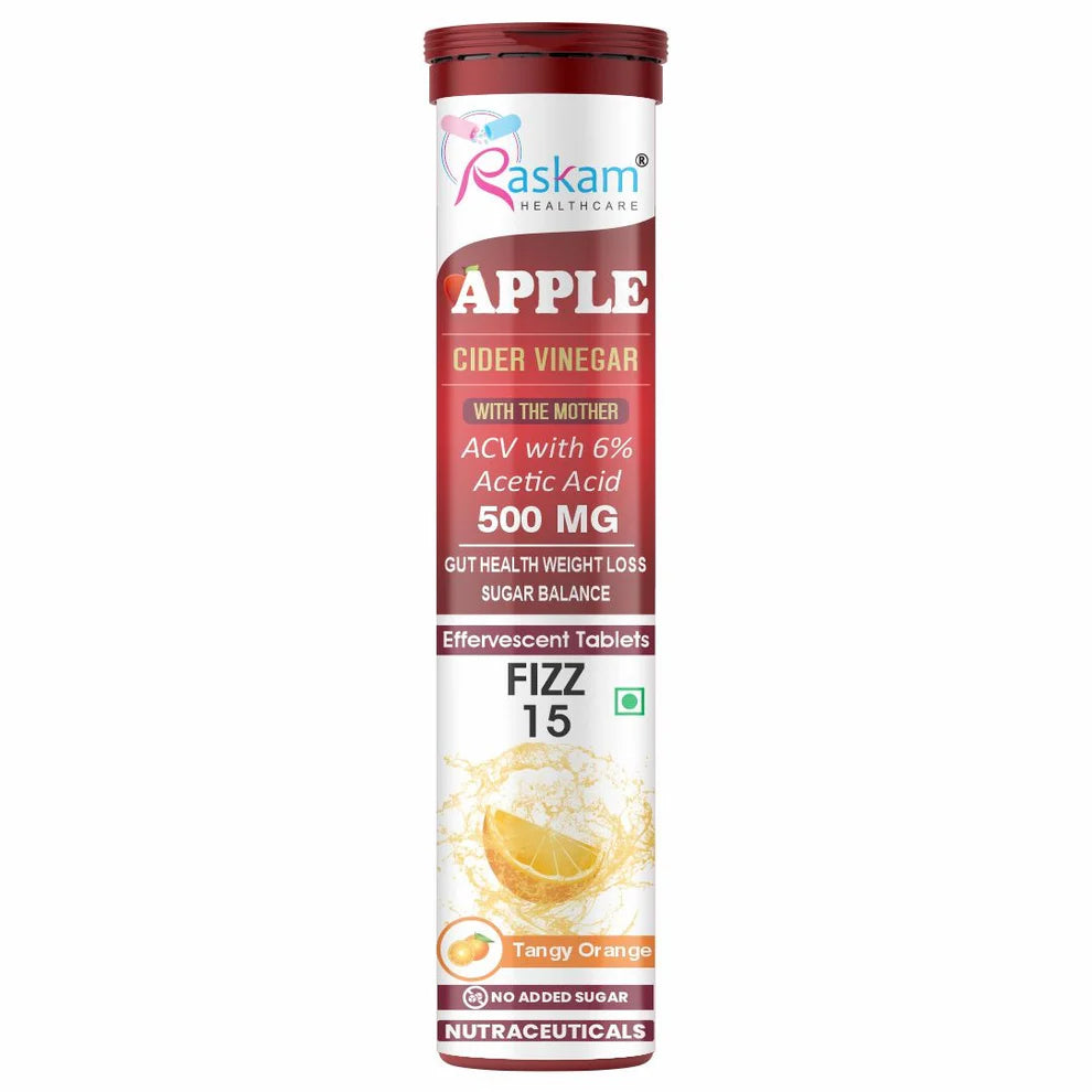 Raskam Apple Cider Vinegar Effervescent Tablets | ACV for Digestion, Gut Health, Metabolism & Weight Management | No Added Sugar | Zesty Orange Flavor | 15 Fizz Tablets (500mg)