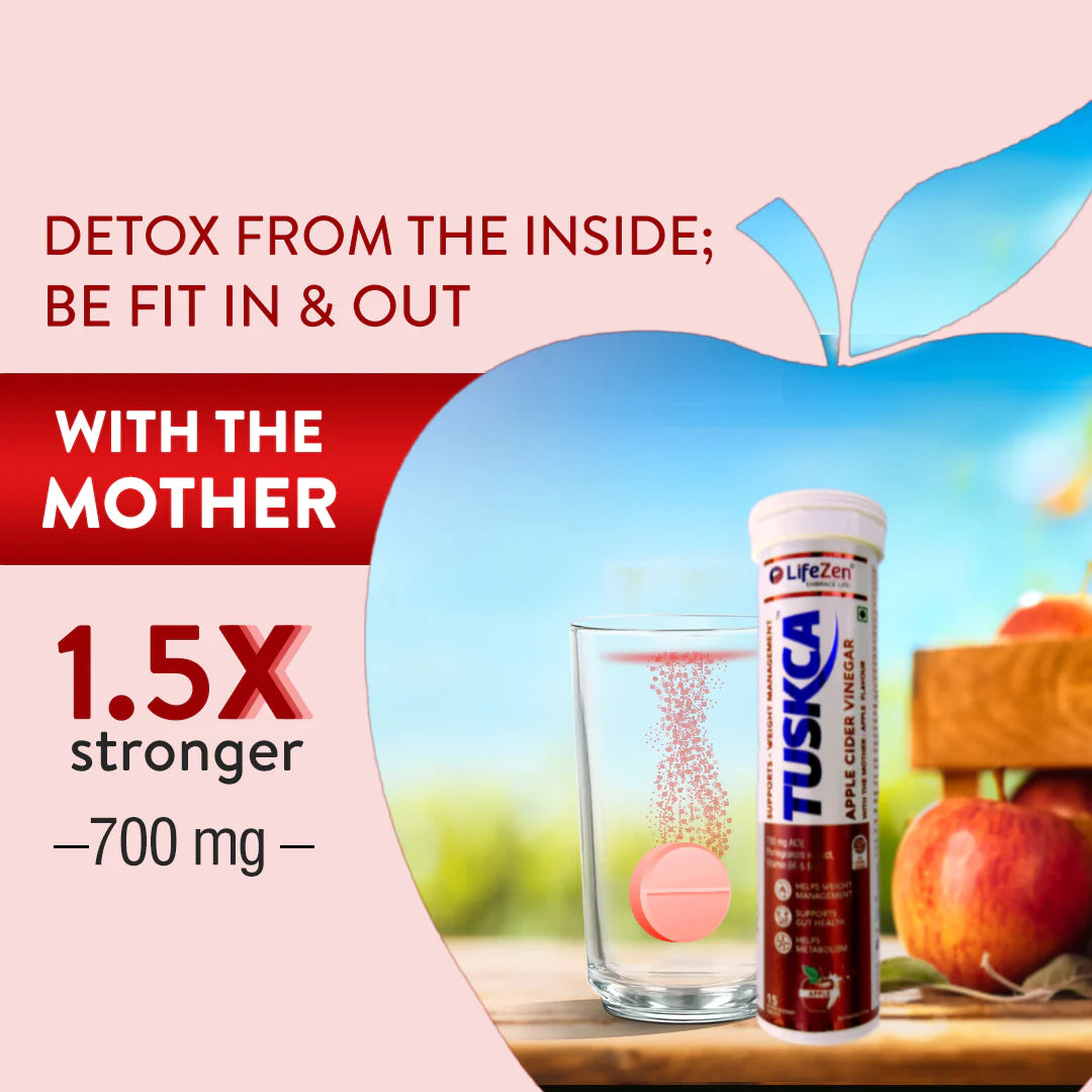 Lifezen Tuskca Apple Cider Vinegar with Mother 15 Effervescent Tablets 700mg, Pomegranat extract, Apple Flavour | Weight Management, Gut Health, Digestion, Boosts Metabolism | No added Sugar (Pack Of 1)